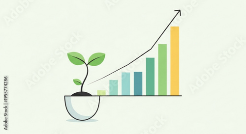 A vector graphic illustration of a growing plant with a bar chart and upward trend line, symbolizing business growth and success.