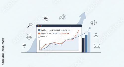 A vector graphic illustration of a line graph and chart showing increasing traffic, conversions, and revenue with SEO optimization