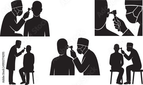 ENT Doctor Using Otoscope on Patient Silhouette Set; Ear Exam and Otolaryngology Clinic Icons