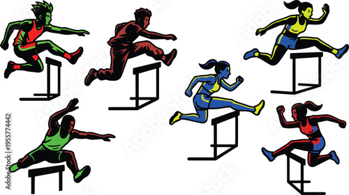 Colorful hurdlers jumping over hurdles in varied poses flat vector art