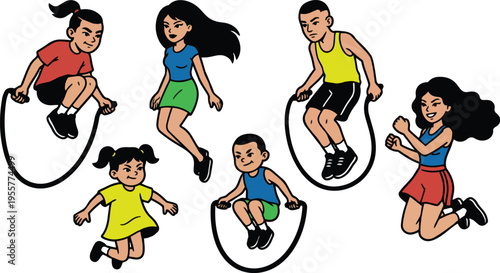 Colorful flat design kids skipping rope in varied jumping poses with bold outlines