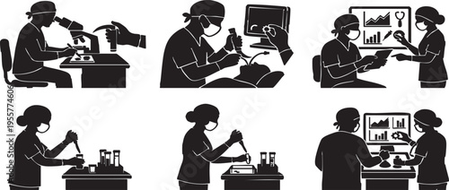 Laryngoscope intubation silhouettes set featuring anesthesiologist performing endotracheal airway management and medical procedure for patient anesthesia during surgery