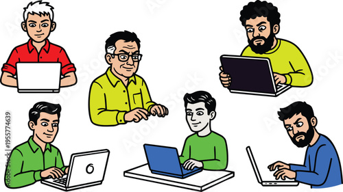 Cartoon vector art six men using laptops in varied colored shirts workspace