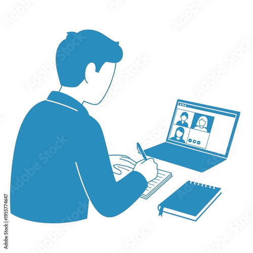 Man taking notes while participating in a video conference call on laptop