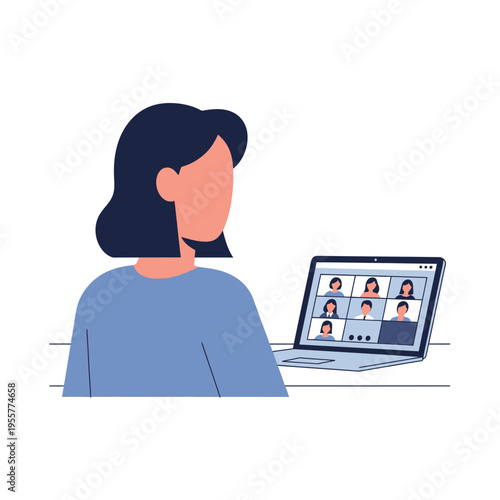 Woman participating in a video conference call on laptop with multiple people