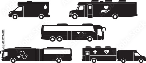 Mobile Blood Donation Bus Silhouette Set; Medical Clinic Van and Donor Center Vector Icons