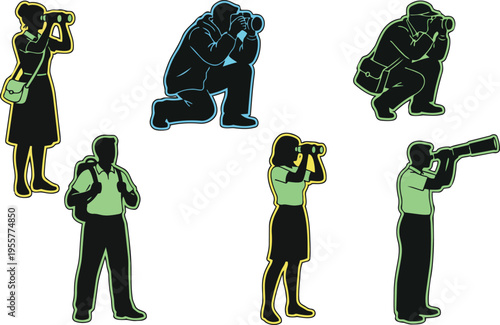 Flat design birdwatchers and photographers silhouettes in green yellow and blue outlines using binoculars and camera