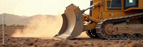 Heavy machinery on construction site with bulldozer blade pushing dirt and dust. Construction process involves heavy equipment and excavation actions.