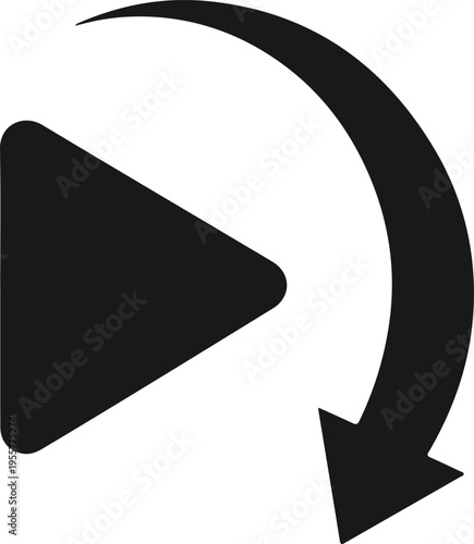 A minimalist black icon depicting a play button with a circular return arrow high quality