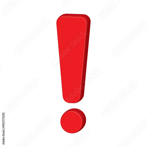 3D Red Exclamation Mark Icon with Rounded Edges: Front View Alert and Warning Symbol for Error, Problem, and Danger. Soft Glossy Rendering for Important Notification, Caution Sign, and UI Web Design.