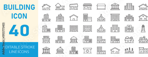 Building icons set. city architecture symbols. line art vector illustration