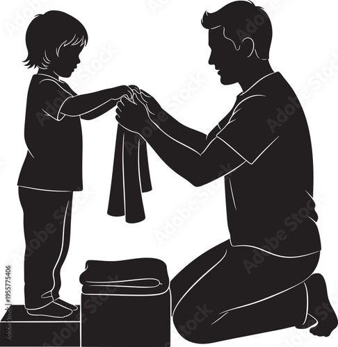 Father and son folding laundry together, silhouette illustration, teaching household tasks and teamwork