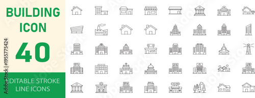Building icons set. city architecture symbols. line art vector illustration