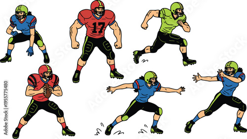 Vector art red number 17 and green blue helmeted football players in varied action poses