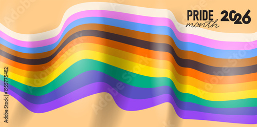 Happy Pride Month banner with waving rainbow flag. Festive social media template, posts, events. LGBTQ celebration background with progress pride colors for parade, partie, inclusive community design.