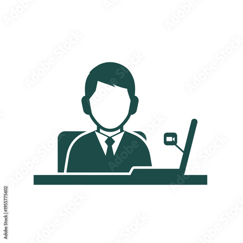 Business man working at desk with laptop computer and microphone in green color