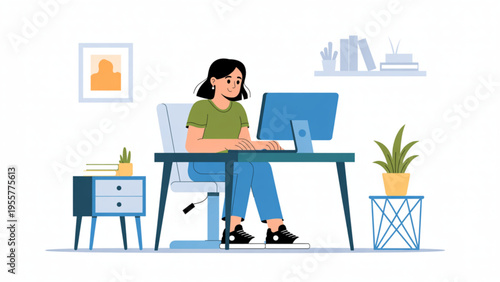 Young woman working on computer at home office desk with modern furniture and plants flat vector illustration.