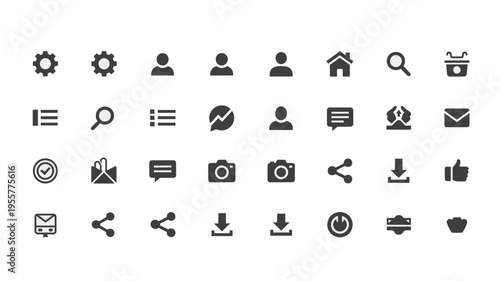 Essential collection of sleek dark grey web and mobile application user interface icons for modern digital design, encompassing navigation and functional elements