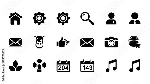 A collection of essential black and white vector icons suitable for web design and digital applications, including social media, business, and communication tools