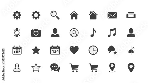 A comprehensive collection of user interface icons, featuring essential elements for digital applications and web design