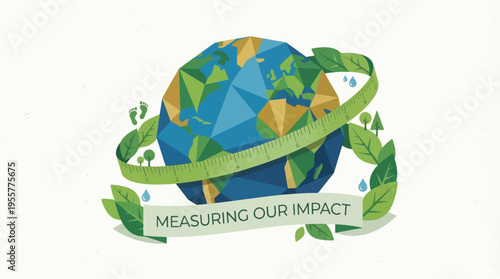 Earth globe with measuring tape and green leaves, symbolizing environmental impact assessment vector illustration