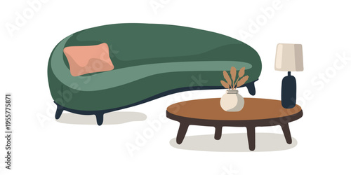 rounded green sofa in modern living room interior design scene