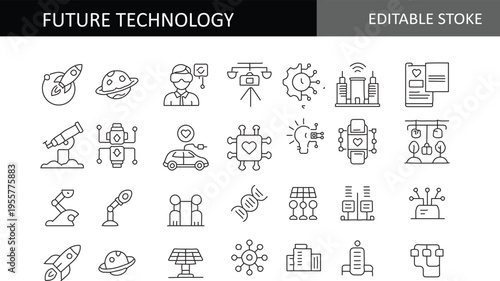 Modern Future Technology and Innovation Icon Set - Editable Stroke Line Vectors Featuring Space Exploration, Artificial Intelligence, Renewable Energy, Robotics, and Smart City Infrastructure Concepts