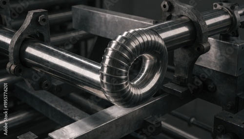 Naklejka Closeup medium shot of mandrel bending process showing smooth inner curve formation of a thin tubing as the machine prevents collapse and wrinkling.