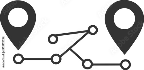 A simplified illustration depicts two map markers connected by a dotted line network high quality