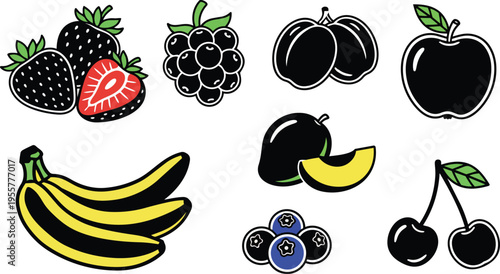 Flat fruit icons set strawberries banana cherries blueberries apple plum mango with black outline