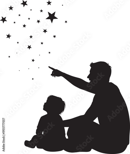 Father and son gazing at stars, silhouette illustration of wonder, dreams, and father's guidance.