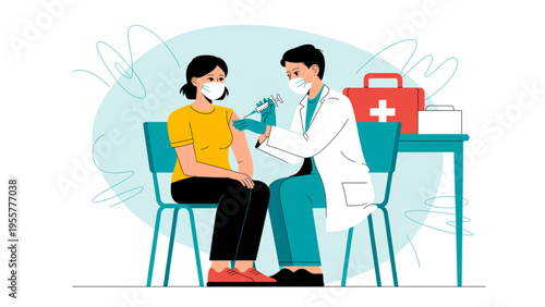 Professional female doctor in face mask giving vaccine injection to patient in clinic flat vector illustration.