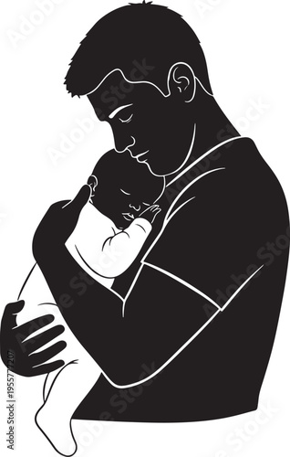 Father gently holding his sleeping baby, silhouette illustration of protection, care, and parental love.