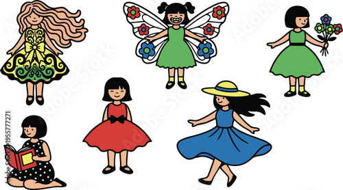 Playful vector girls in colorful dresses fairy with wings reading dancing holding bouquet