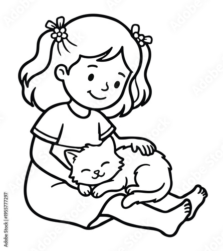 A little girl with a cat vector line art for coloring page 
