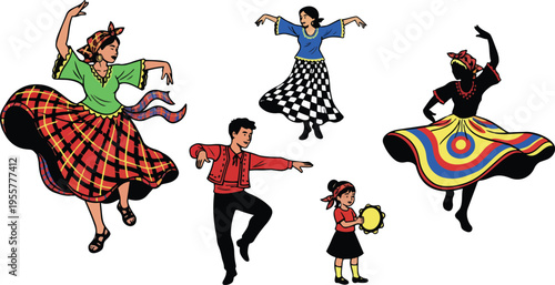 Colorful folk dancers with plaid and checkered skirts and tambourine in dynamic flat vector style