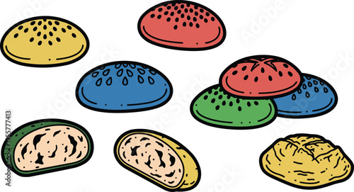 Colorful round buns and sliced rolls flat line art with sesame seeds and bold outlines