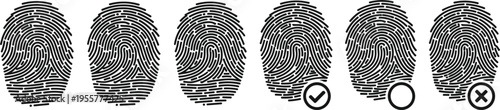 Fingerprint vector icon set with biometric identification symbols, thumbprint patterns with check and cross marks, security authentication elements isolated on white background.