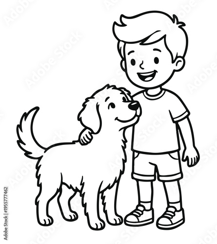 A little boy and a dog vector line art for coloring page 