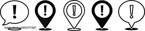 Exclamation mark vector icon set with speech bubble and map pin symbols, warning and alert notification elements isolated on white background.