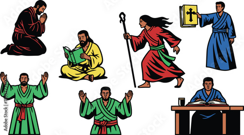 Medieval clergy and pilgrims with cross book in red green and blue robes praying reading teaching vector art