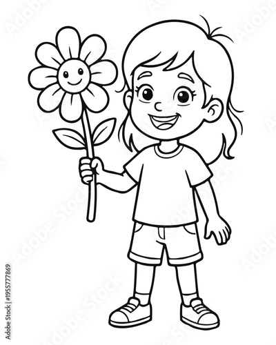 A little girl with flower vector line art for coloring page 