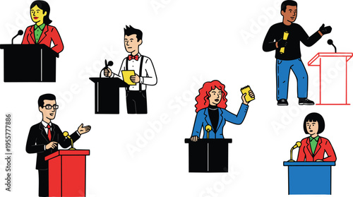Flat vector set of six speakers at podiums with red blue black accents