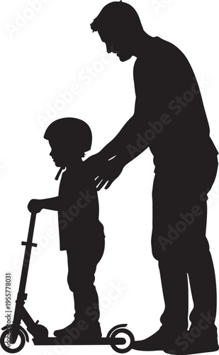 Silhouette of a father with his son on a scooter, representing outdoor fun and parental supervision