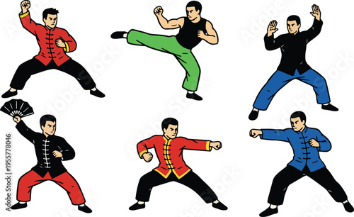 Flat vector kung fu figures in colored traditional jackets performing martial arts poses