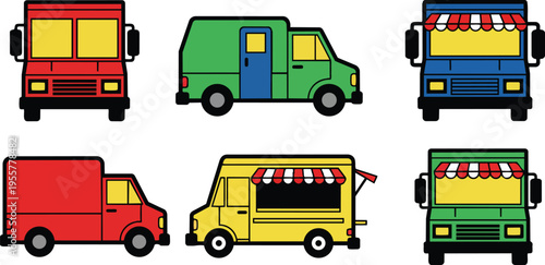 Flat design food truck and delivery van icon set with striped awnings front view