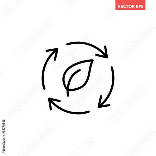 Black single organic recycle line icon. Simple round leaf ecology circle flat design vector pictogram, infographic interface elements for app logo web button ui ux isolated on white background