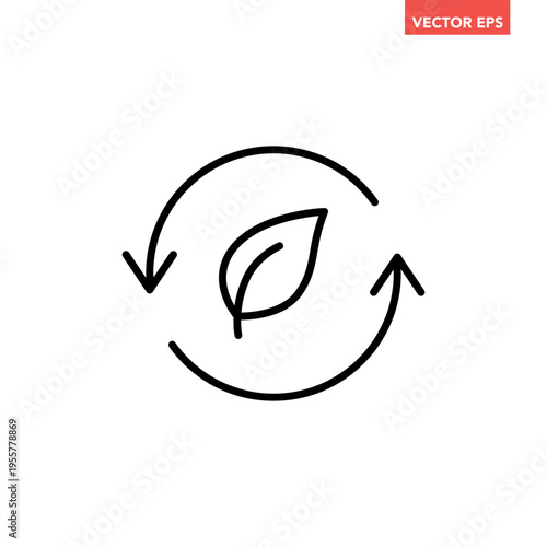 Black single organic recycle line icon. Simple round leaf ecology circle flat design vector pictogram, infographic interface elements for app logo web button ui ux isolated on white background