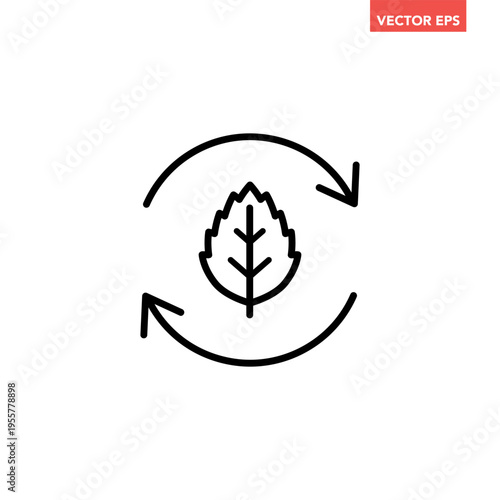 Black single organic recycle line icon. Simple round leaf ecology circle flat design vector pictogram, infographic interface elements for app logo web button ui ux isolated on white background