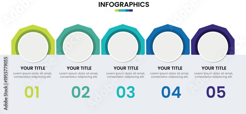 Infographics template with five numbered colorful heptagon shapes and text placeholders arranged horizontally on light gray background base
